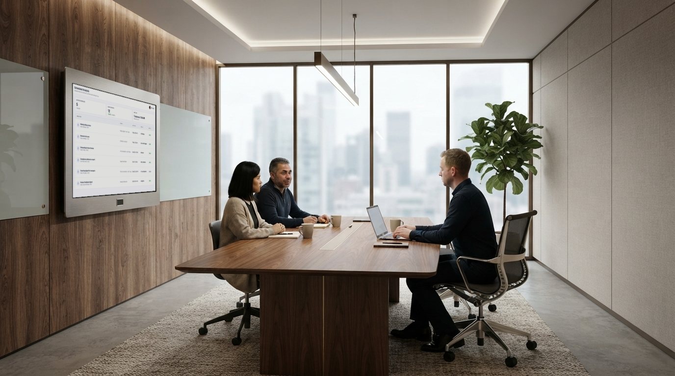 Three colleagues talk in a meeting room with a wall-mounted screen, one of them typing notes on a laptop.