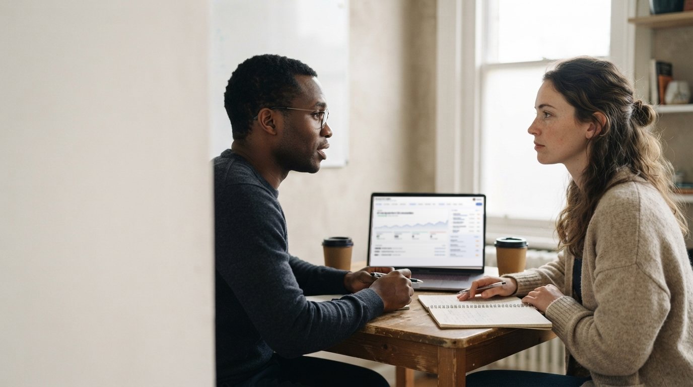 A researcher and an interviewee sit across a small wooden table in a quiet room, mid-conversation, with a laptop and coffee between them.