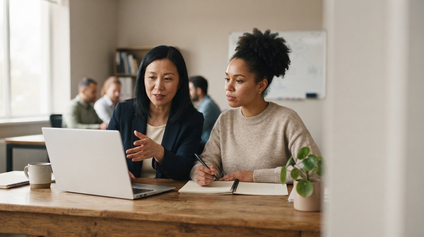 A manager and a newer colleague sit together at a desk, the manager gesturing as they talk through something on a laptop.