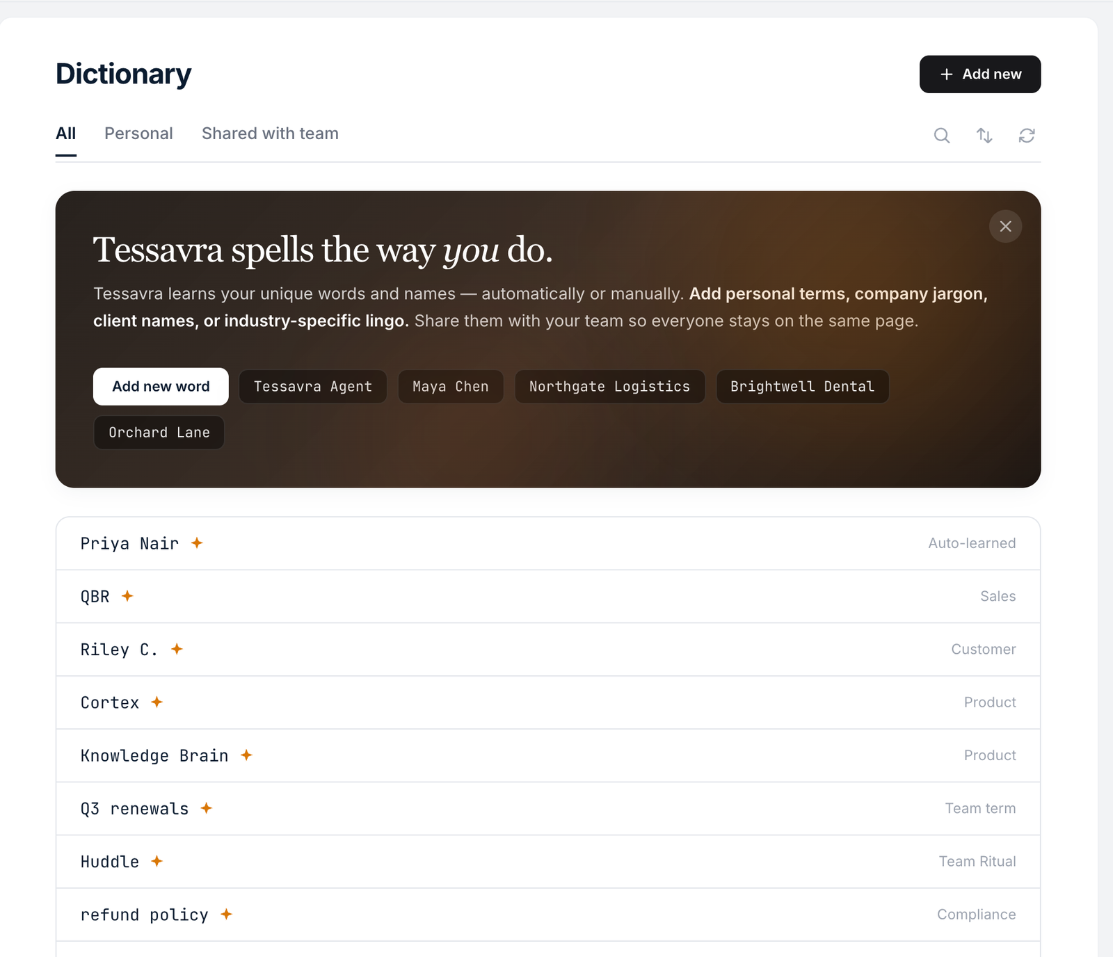 The Dictionary screen: names and terms such as Northgate Logistics and Knowledge Brain, each with its category.