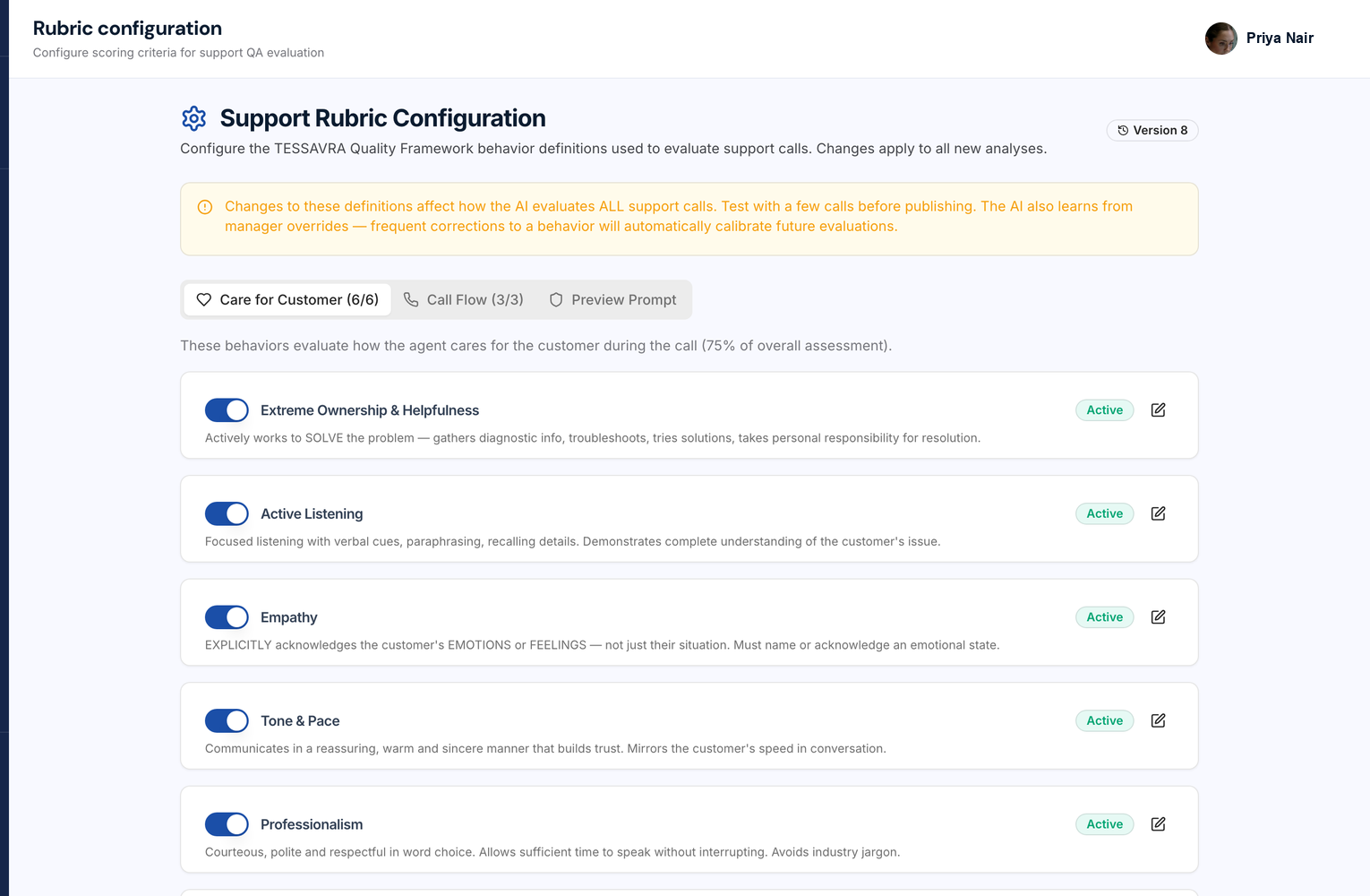Support rubric configuration, with Care for Customer behaviours marked active.