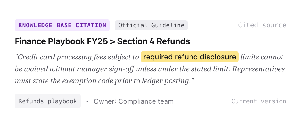 Knowledge Brain returning a cited passage from the Refunds playbook, with the source and owner shown.